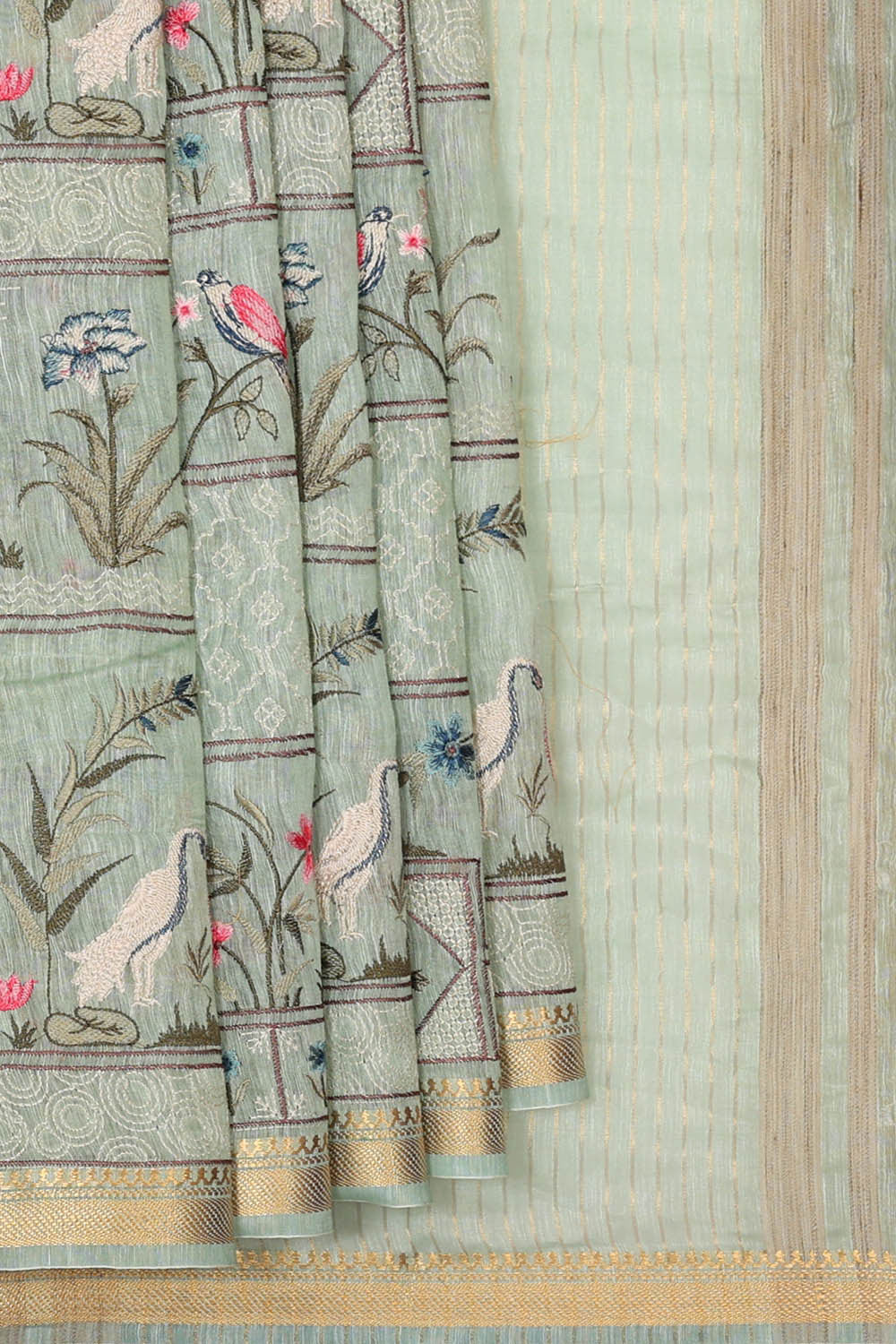 Image of Linen Light Mint Green Embroidered Saree